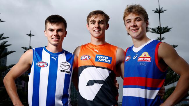 MELBOURNE, AUSTRALIA - NOVEMBER 21: (L-R) Colby McKercher of the Kangaroos, James Leake of the Giants and Ryley Sanders of the Giants pose during the AFL Draft Media Opportunity at Marvel Stadium on November 21, 2023 in Melbourne, Australia. (Photo by Michael Willson/AFL Photos via Getty Images)