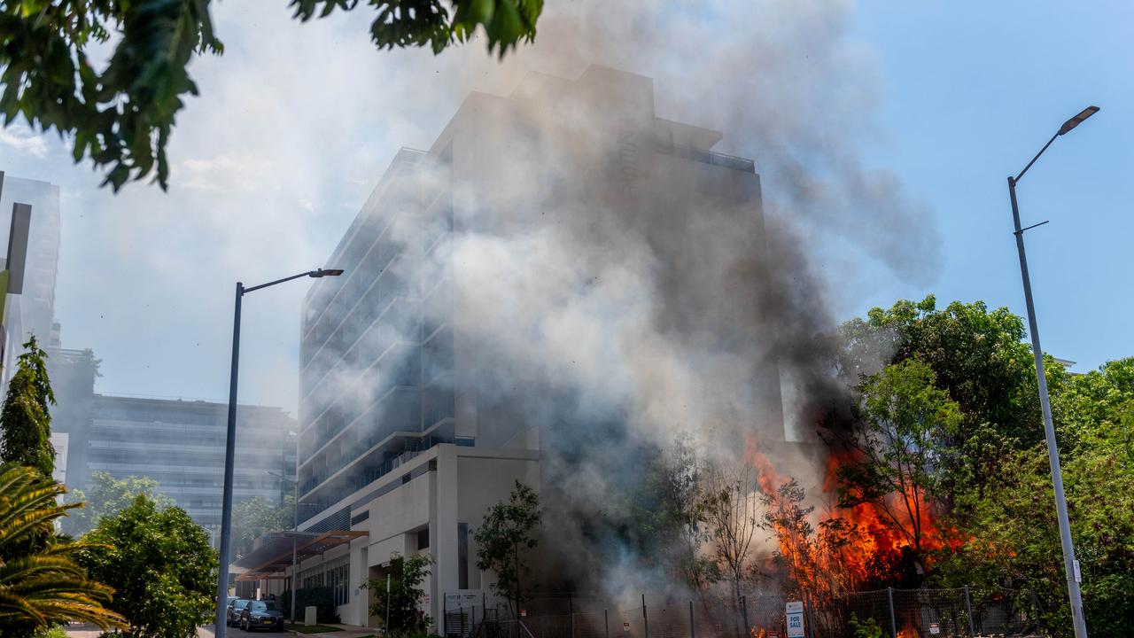 A fire has totally destroyed a house right next to DarwinÃ&#149;s tallest high-rise building, with the full range of emergency services rushing to the scene of the ferocious blaze. The fire on McMinn St is under investigation. picture: Che Chorley