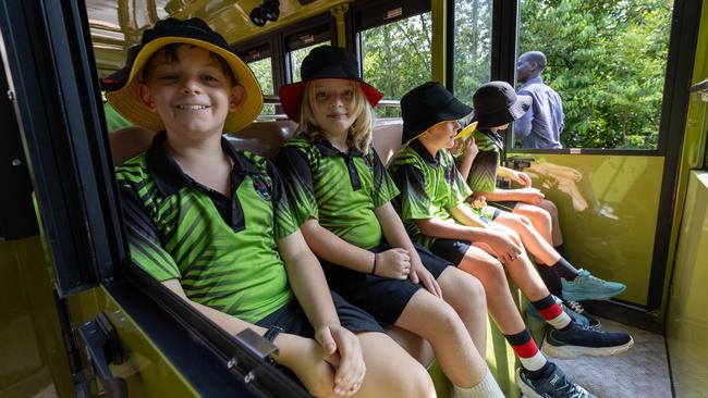 Students from Berry Springs Primary School eagerly took a trip on the Territory Wildlife Park's two new electric trains, February 7, 2025. Picture: Pema Tamang Pakhrin