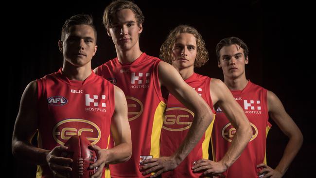 Gold Coast’s 2016 draft haul (from left) Ben Ainsworth, Jack Scrimshaw, Will Brodie and Jack Bowes.