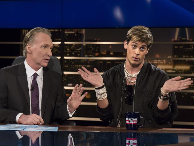 In this photo provided by HBO, host Bill Maher, left, listens to Breitbart News' Milo Yiannopoulos on HBO's Real Time with Bill Maher. Picture: AP