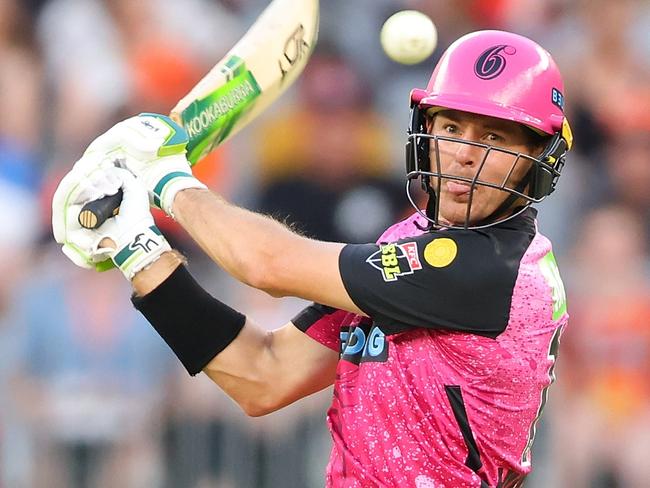 PERTH, AUSTRALIA - JANUARY 16: Daniel Hughes of the Sixers   plays a late cut shot during the BBL match between Perth Scorchers and Sydney Sixers at Optus Stadium, on January 16, 2024, in Perth, Australia. (Photo by James Worsfold/Getty Images)