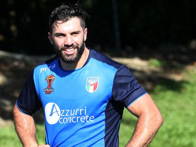 Anthony Minichiello and James Tedesco at training with the Italian World Cup Rugby league team at West Barlow Park in Cairns. PICTURE: STEWART McLEAN