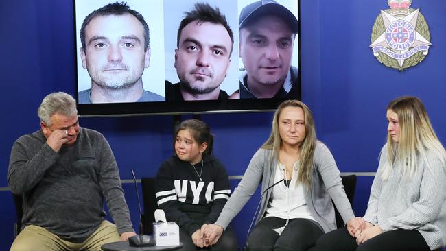 Dalibor’s father, Jovan, daughter Maya, sister Bozina and daughter Klara plead for help to find him in 2019. Picture: David Crosling