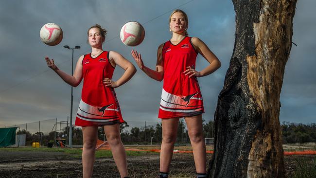 Molly Watters and Raemi Morris were among the families affected by the Kangaroo Island bushfires. Now the Western Districts pair will line up at the Netball SA Country Championships, to be live streamed by The Advertiser. Picture: Sean McGowan