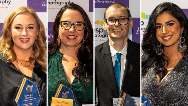 Kimberley Knowles from Foxwell State Secondary College, Rebecca Sochanik from Varsity College, Geetika Sodhi from Merrimac State High School and Matt Pickersgill from Benowa State High School with Excellence Awards presented at the Gold Coast State Secondary Education Ball.