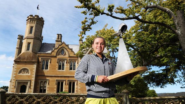 Winner of the 2019 Hobart International tennis tournament, Sofia Kenin, of the US, at Government House in Hobart with the trophy. Picture: NIKKI DAVIS-JONES