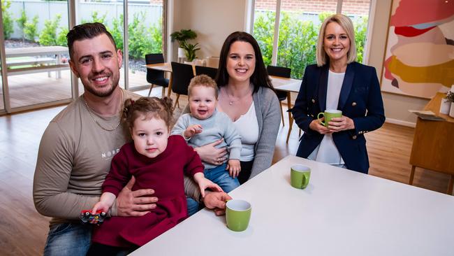 New Riverlea ambassador Jessica Adamson with Ben and Tamara Ciampa and kids Nella, 2, and Leo, 18 months. The Ciampas recently bought into the housing development. Picture: Tom Huntley