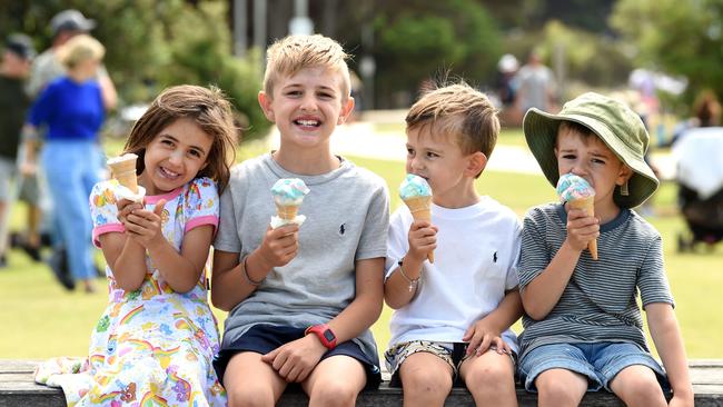 Gisele, Harley, Cristiano and Mason enjoying ice cream at Portarlington beach. Picture: David Smith