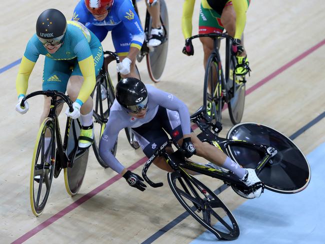 Anna Meares and Wai Sze Lee from Hong Kong touch and she goes down during the 2nd Round of the Women's Keirin at the Rio Olympics 2016 in the Rio Olympic Velodrome. Pics Adam Head