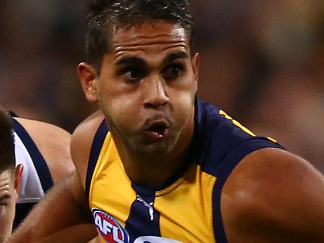 PERTH, AUSTRALIA - JUNE 15: Lewis Jetta of the Eagles looks to pass the ball during the round 13 AFL match between the West Coast Eagles and the Geelong Cats at Domain Stadium on June 15, 2017 in Perth, Australia.  (Photo by Paul Kane/Getty Images)