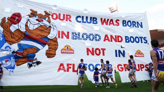 The Bulldogs banner having a dig at the Giants before the 2016 preliminary final. Picture: Phil Hillyard