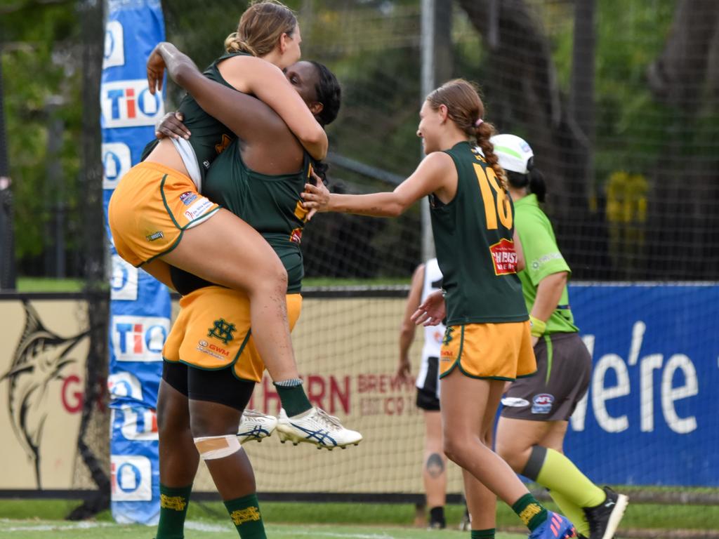 Kaitlyn Armstrong celebrates one of her 12 goals against Palmerston. Picture: Tymunna Clements / AFLNT Media.