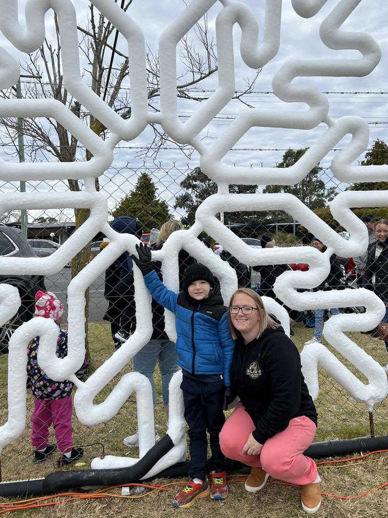 Connor (L) and mum Nicole (R) at Snowflakes in Stanthorpe on Saturday, July 1 2023.