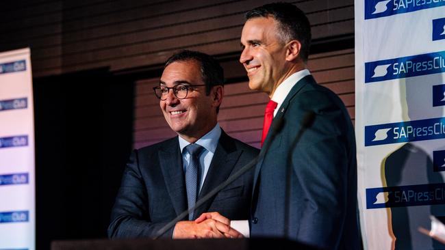 Premier Steven Marshall with Opposition Leader Peter Malinauskas at a special SA Press Club event. Picture: NCA NewsWire / Morgan Sette