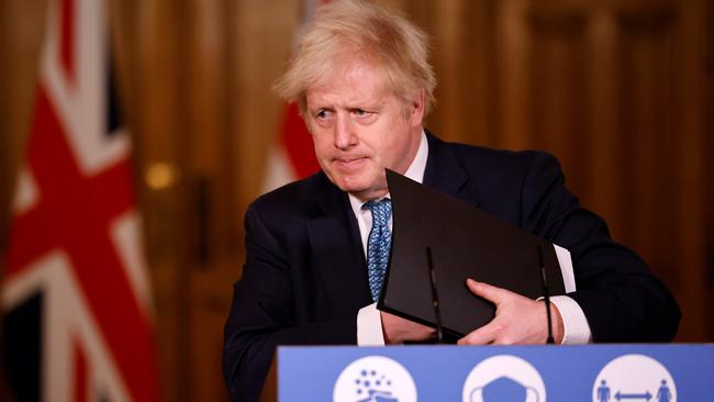 UK Prime Minister Boris Johnson speaks to media at a virtual press conference overnight (AEDT). Picture: Getty Images