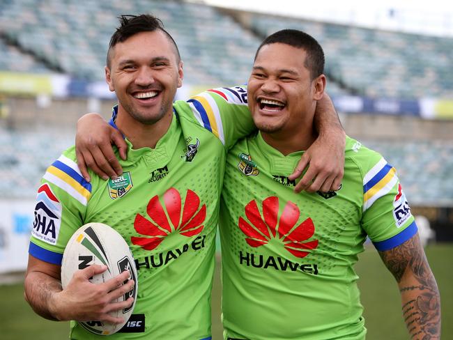 ******* Embargoed do not use without permission from Tim Morrissey ******* Raiders Jordan Rapana and Joey Leilua at GIO Stadium in Canberra. Picture Kym Smith