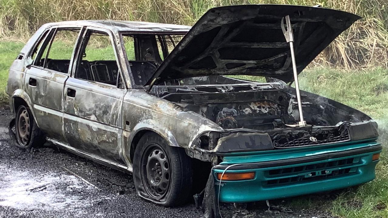 The Corolla was ablaze on the Bruce Highway on September 9, 2021. Picture: Queensland Police Service