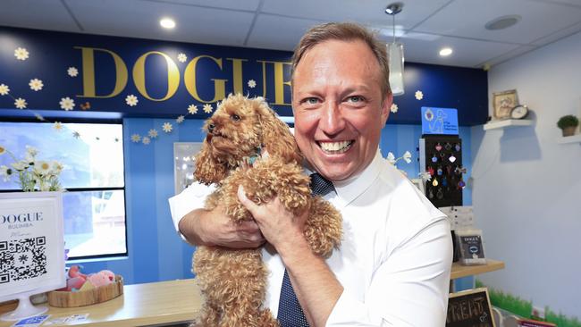 Queensland Premier Steven Miles meets a puppy called Charlie while campaigning in the Labor seat of Bulimba, in Brisbane, on Tuesday. Picture: Adam Head