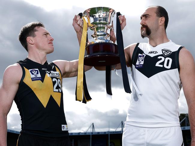 MELBOURNE, AUSTRALIA - SEPTEMBER 15: Werribee captain Dom Brew and Southport Sharks captain Brayden Crossley pose during the VFL Grand Final Media Opportunity at Ikon Park on September 15, 2024 in Melbourne, Australia. (Photo by Michael Willson/AFL Photos)