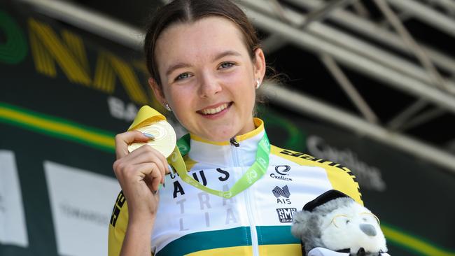 Francesca Sewell won the under-19 women's road race at the Cycling Australia national championships after crashing in the final 100m and running her bike across the line. Picture: Con Chronis.