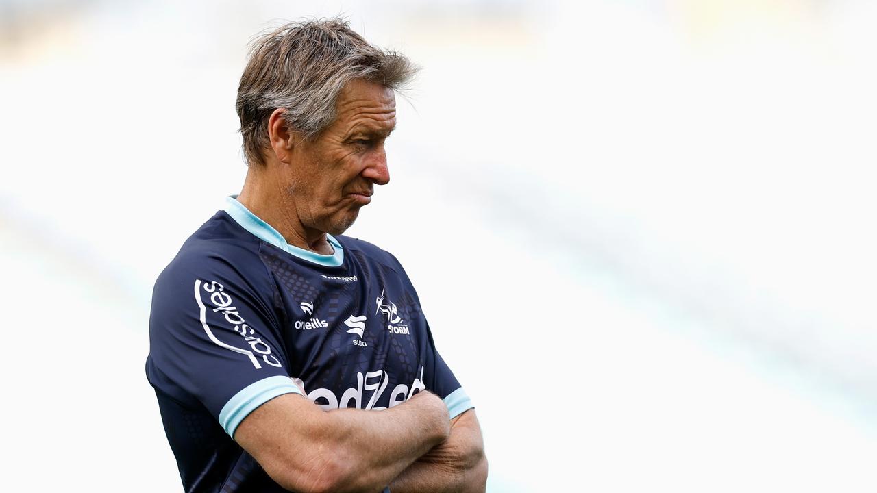 SYDNEY, AUSTRALIA - OCTOBER 05: Storm head coach Craig Bellamy looks on during the Melbourne Storm captain's run at Accor Stadium, on October 05, 2024, in Sydney, Australia. (Photo by Cameron Spencer/Getty Images)