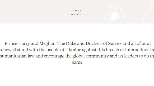 Harry and Meghan’s statement regarding Ukraine. Picture: Archewell.