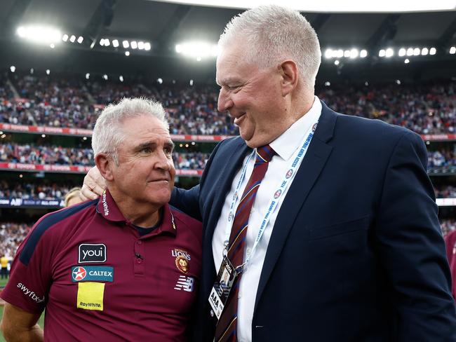Chris Fagan and Greg Swann soak up Brisbane Lions’ 2024 premiership.