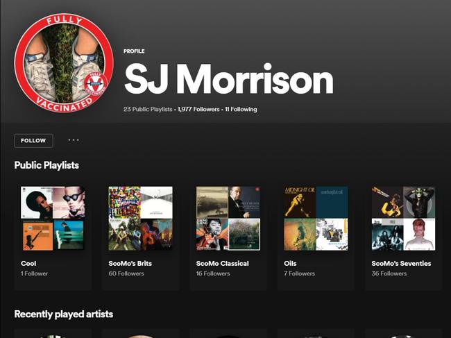 Scott Morrison appears to enjoy a wide range of music on his Spotify account. Picture: Spotify.