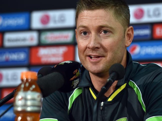 Australia cricket team captain Michael Clarke speaks during a press conference in Adelaide on March 19, 2015, ahead of Australia's 2015 Cricket World Cup quarter-final match against Pakistan. AFP PHOTO/ Saeed KHAN --IMAGE RESTRICTED TO EDITORIAL USE - STRICTLY NO COMMERCIAL USE--