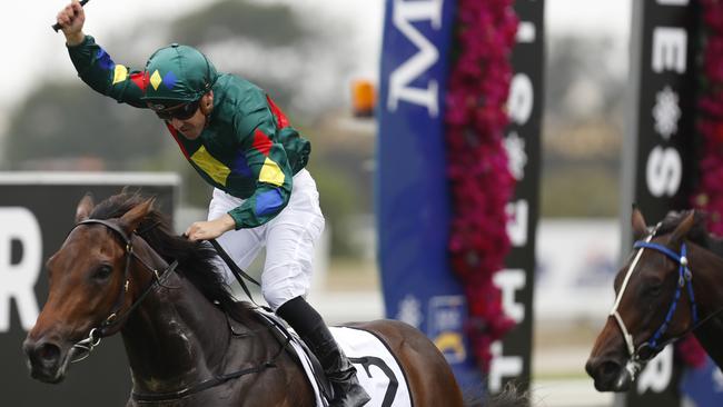 Ryan Maloney wins the Magic Millions Guineas on Alligator Blood. Picture: Getty Images