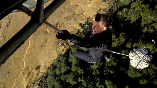 Tom Cruise doing his own stunts playing Ethan Hunt in Mission: Impossible — Fallout.