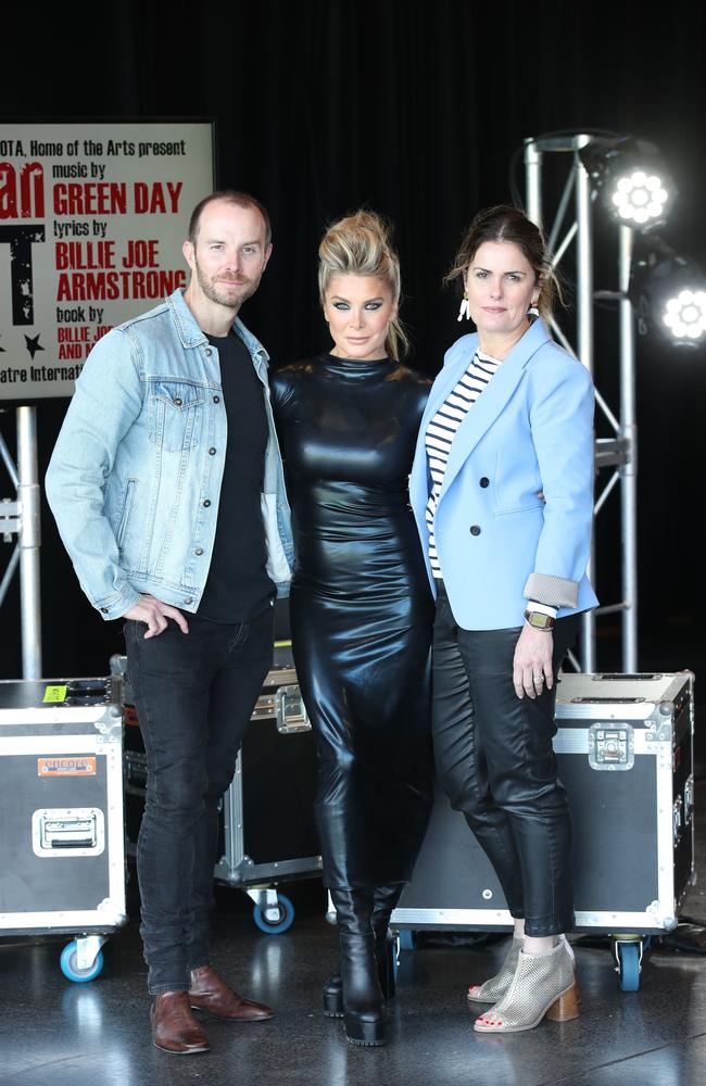 Underbelly, Neighbours star and well known Aussie actor, performer Nat Bassingthwaighte is playing a lead role in the Gold Coast production of the Green Day inspired American Idiot at HOTA. Producer Matt Ward with Nat Bassingthwaighte and HOTA CEO Criena Gehrke. Picture: Glenn Hampson.