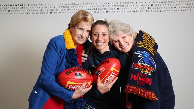 Crows AFLW midfielder Deni Varnhagen (C) says her biggest supporters are her two grandmothers Eva Rudolph (L) and Beryl Stutchbury (R). Picture: Tait Schmaal