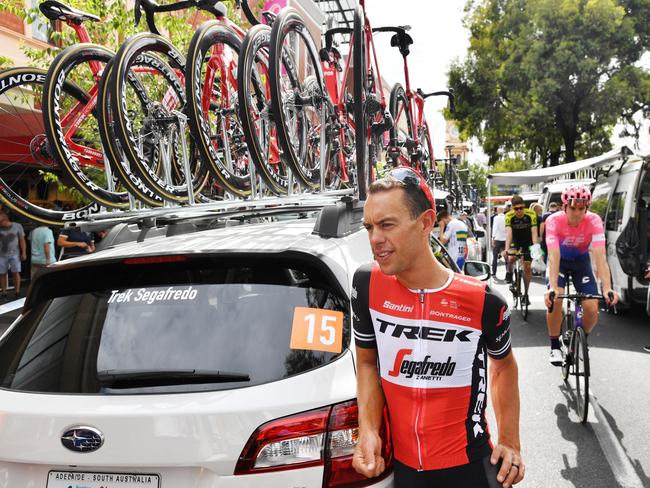 Trek Segafredo rider Richie Porte is seen at the start of stage two of the Tour Down Under in Adelaide, Wednesday, January 16, 2019. (AAP Image/David Mariuz) NO ARCHIVING, EDITORIAL USE ONLY