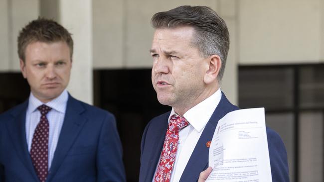 Jarrod Bleijie, Deputy Premier, Minister for State Development, Infrastructure and Planning and Minister for Industrial Relations, speaks to the media at Parliament House, on Monday, November 11, 2024. Picture: Richard Walker