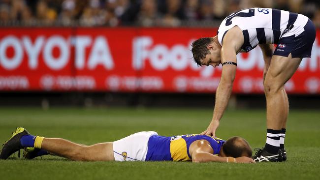 Tom Hawkins missed the preliminary final after copping a one-match ban for striking Eagle Will Schofield.