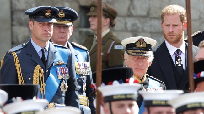 Prince William, Prince of Wales, King Charles III and Prince Harry, Duke of Sussex watch the coffin of HM Queen Elizabeth during The State Funeral Of Queen Elizabeth II at Westminster Abbey on September 19, 2022 in London, England. Picture:  Chris Jackson/Getty Images