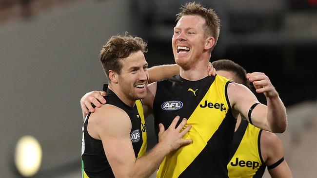 Jack Riewoldt might be smiling on the field. But he says hub life is no holiday. Picture: Graham Denholm/AFL Photos via Getty Images