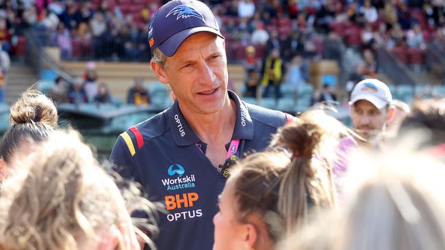 Matthew Clarke speaks to his team after their loss to the Brisbane Lions.