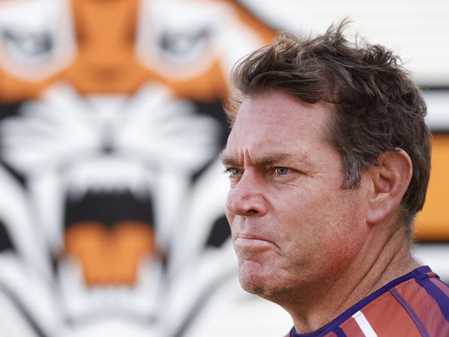 SYDNEY, AUSTRALIA - JULY 16: Current coach of the Wests Tigers, Brett Kimmorley, speaks to the media during a Wests Tigers NRL media opportunity at Cintra park on July 16, 2022 in Sydney, Australia. (Photo by Mark Evans/Getty Images)