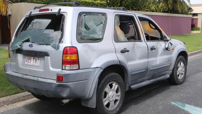 A trashed car in Fiesta Ave Isle of Capri, the scene of the stabbing. Picture Glenn Hampson