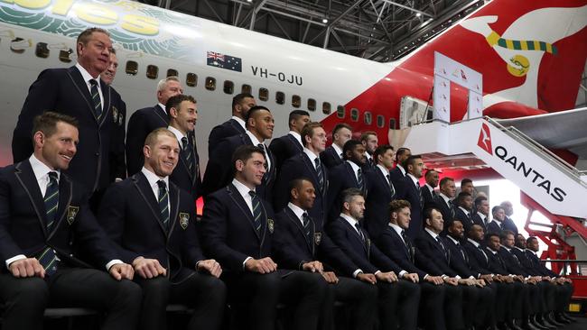 The Wallabies at Friday’s World Cup squad announcement. Picture: Brett Costello