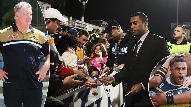 Michael Jennings hands out tickets after being stood down for the Penrith Panthers v Wests Tigers NRL game at Centrebet Stadium in Penrith, western Sydney and (inset) Phil Gould.