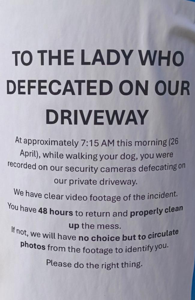 Adelaide homeowner’s threatening note to poo walker. Picture: Reddit