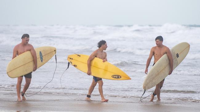 Surfers at North Wall Mackay making the most of the swell whipped up by Cyclone Kirrily. Picture: Michaela Harlow