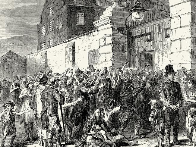 The Irish Famine, scene at the Gate of a Workhouse. In Ireland, the Great Famine was a period of mass starvation, disease and emigration between 1845 and 1852. It is sometimes referred to as the Irish Potato Famine because one-third of the population was then solely reliant on this cheap crop. During the famine approximately 1 million people died and a million more emigrated from Ireland.