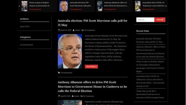 A screengrab of the fake news website site ‘Australian Morning News’' which was used as part of a Chinese state-sponsored cyber attack on government agencies earlier this year. Picture: Proofpoint and PwC