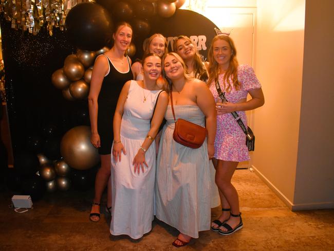 Caitlin Campbell and friends having a great night at the Cowwarr Saints Football &amp; Netball Club Golden Gala Ball 2024. Picture: Jack Colantuono