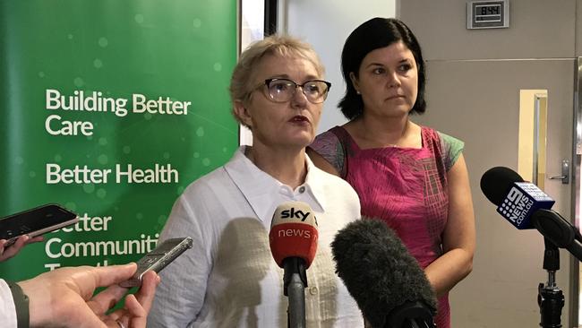 Deputy NT Chief Health Officer, Dr Dianne Stephens, and NT Minister for Health, Natasha Fyles, provide an update this morning on the tourist who has tested positive to coronavirus in Darwin. Picture: Natasha Emeck